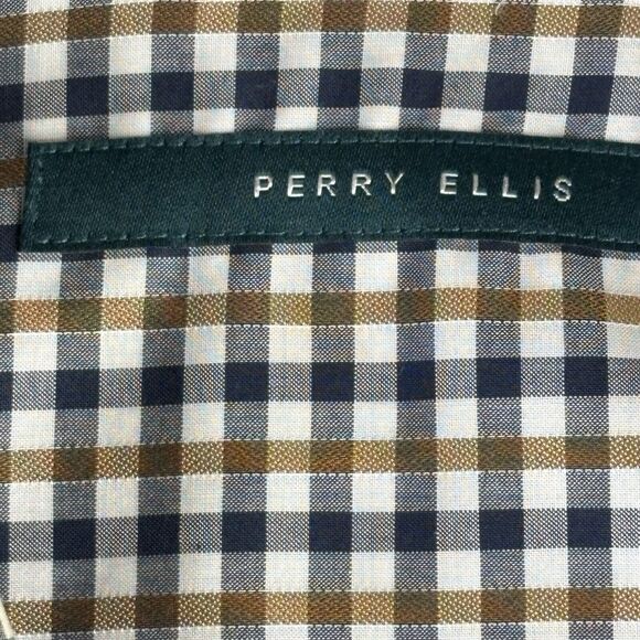 Perry Ellis Shirt Mens Medium Blue Brown‎ Check Long Sleeve 100% Cotton - Picture 2 of 12